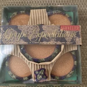 NEW! Sommelier 4 grape wine glass coasters, 1 bottle coaster & 1 bottle topper!